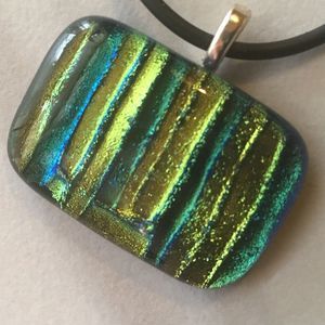 Handmade Dichroic Glass Pendant Green Gold Striped